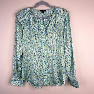 J Crew Ruffle Neck Top NWT Womens Medium Mint Green Ditsy Floral Silky Satin